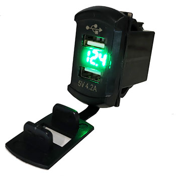 Зарядное устройство, 2 USB 4.2A с вольтметром,зеленая подсветка,прямоугольная 12-2