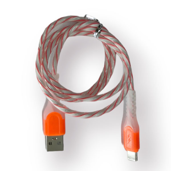 Кабель USB TYPE-C быстрая зарядка 0.9 метра в красно-белой оплетке цветная подсветка 16-3