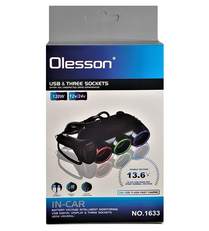 Автоприкуриватель тройник 1633 Olesson 120W 3 гнезда + USB + вольтметр расная-зеленая-синяя подсветка