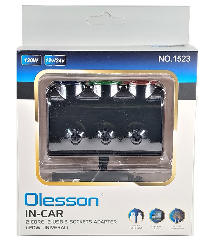 Автоприкуриватель тройник ПТ 1523 Olesson 120W 3 гнезда + 2USB красная-зеленая-синяя подсветка