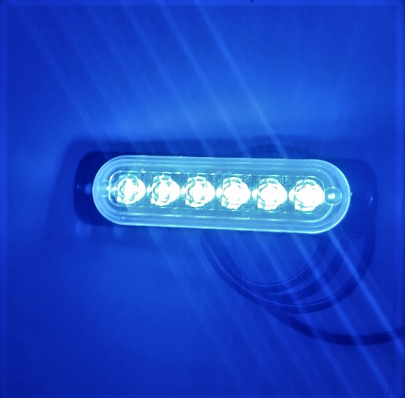 Фонарь-стробоскоп синий 6LED. 110х28х10 мм. Алюминий. 16-режимный. 12-24 Вольт.