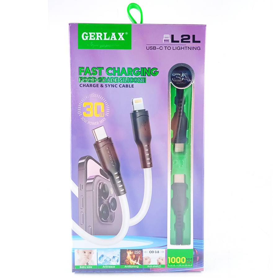 Кабель силикон Gerlax L2L Type-C to Lightning 3A 30W 1 метр в упаковке