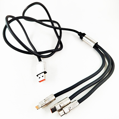 Кабель-тройник USB-Type-c+Iphone+MicroUSB силикон 1.2 м черный быстрая зарядка 14-3