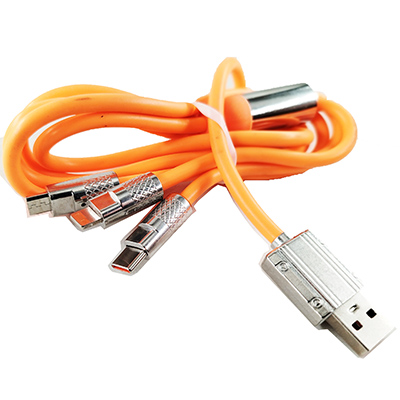 Кабель-тройник USB-Type-c+Iphone+MicroUSB силикон 1.2 м оранжевый быстрая зарядка 14-3