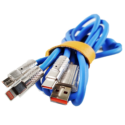 Кабель-тройник USB-Type-c+Iphone+MicroUSB силикон 1.2 м синий быстрая зарядка  14-3