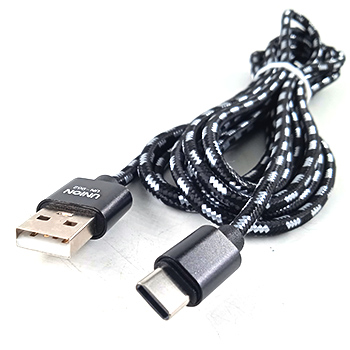 Кабель USB-Type-C в тканевой оплетке 3 метра черно-белый, быстрая зарядка
