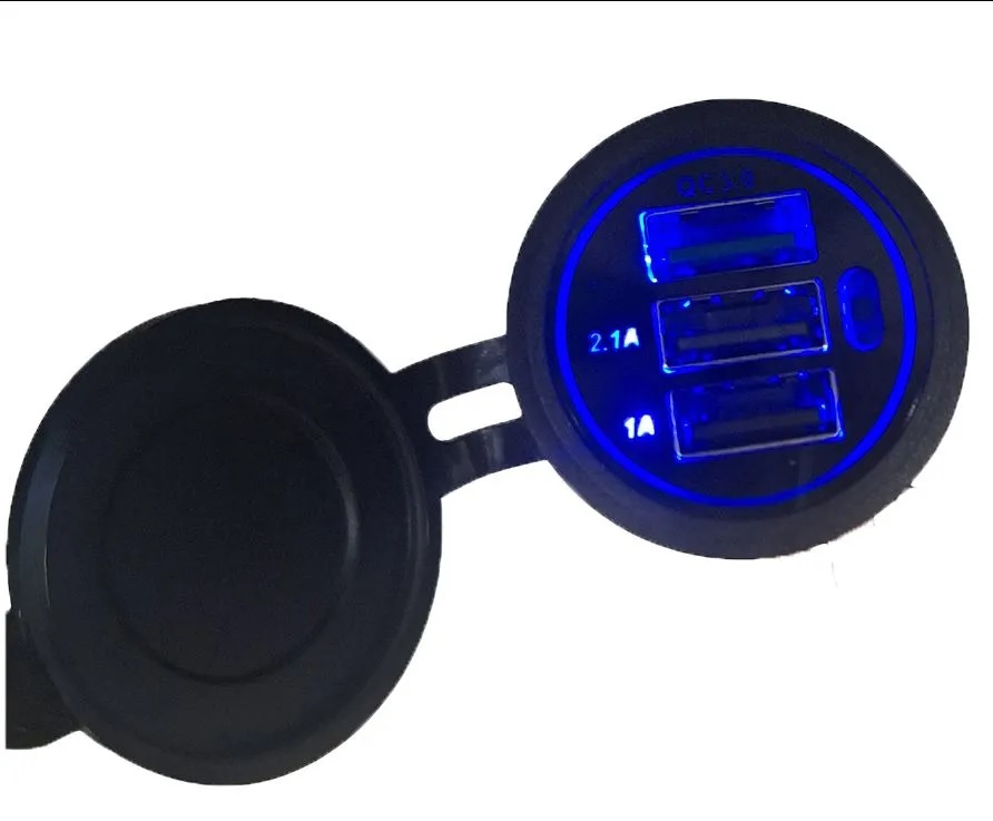 Зарядное устр-во врезное QC3.0 + 2USB  2.1A+1A круглое 51W синяя подсветка 12-24V
