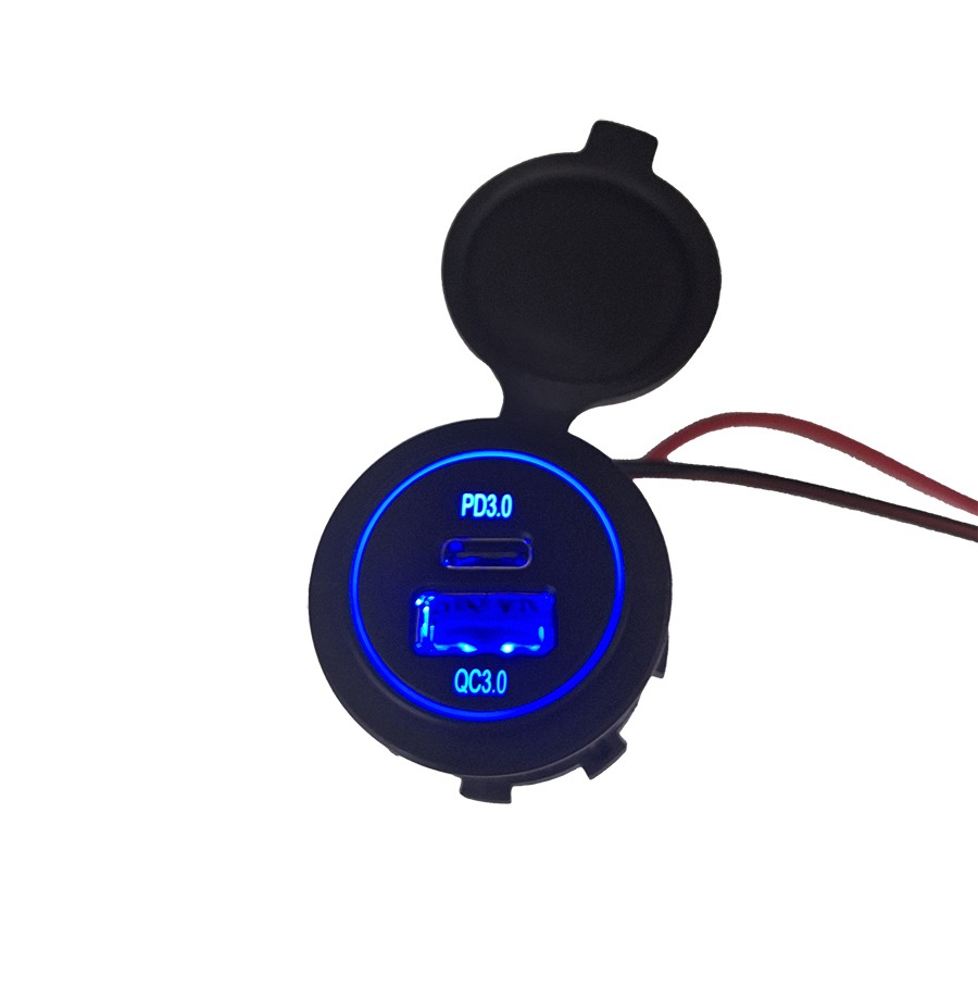Зарядное устр-во врезное USB 3.0 + Type-C 12-24V синяя подсветка 36W круглое с водонепроницаемой крышкой