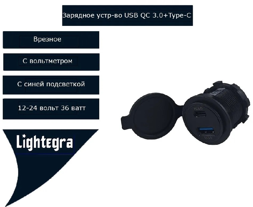 Зарядное устр-во врезное USB QC3.0 + Type-C + вольтметр 12-24V синяя подсветка 36W круглое