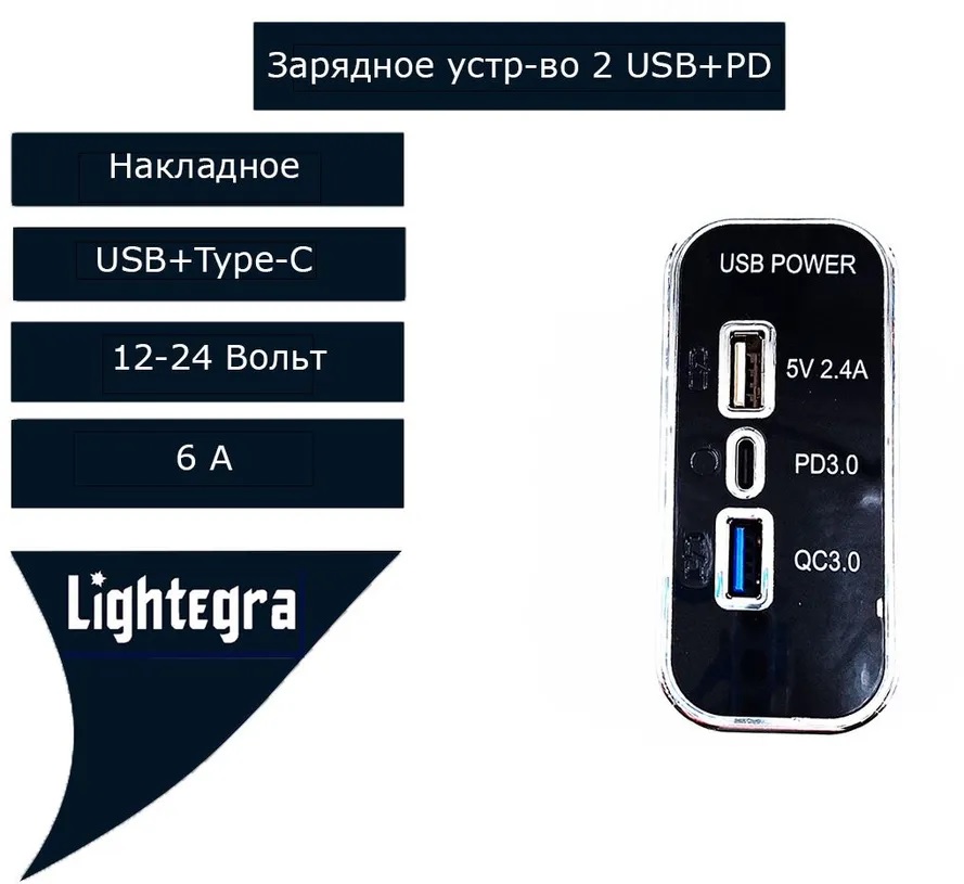 Зарядное устройство накладное 2USB QC 3.0 + Type-C 12-24V черное с рамкой хром 2.4A