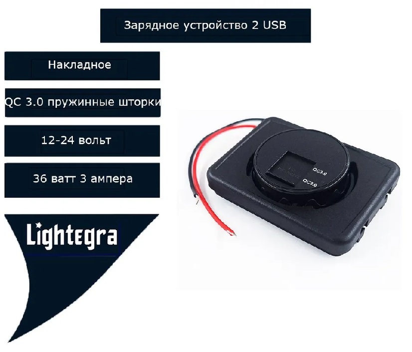 Зарядное устройство накладное 2USB QC 3.0 с пружинной шторкой 36W 12-24V с синей подсвeткой