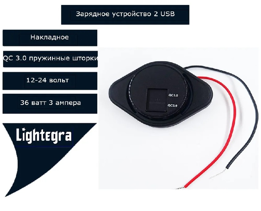 Зарядное устройство накладное ромб 2USB QC 3.0 с пружинной шторкой 36W 12-24V с синей подсвeткой