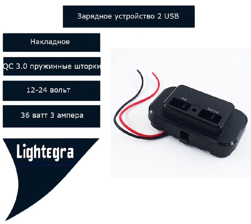 Зарядное устройство накладное USB QC 3.0 с пружинными шторк. 36W черное 12-24V с синей подсветкой