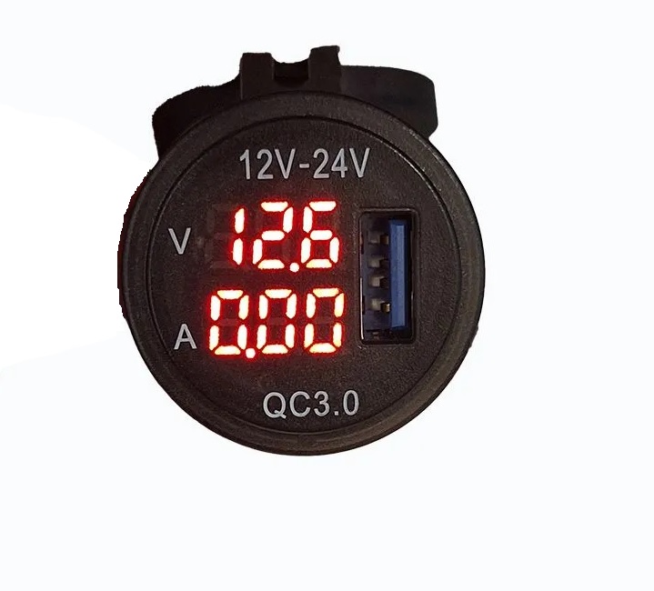 Зарядное устройство врезное, 1 USB QC 3.0 с вольт- и амперметром, 12-24v красная подсветка, круглое
