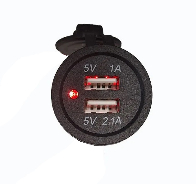 Зарядное устройство врезное, 2 USB 3.1A красная подсветка, круглое