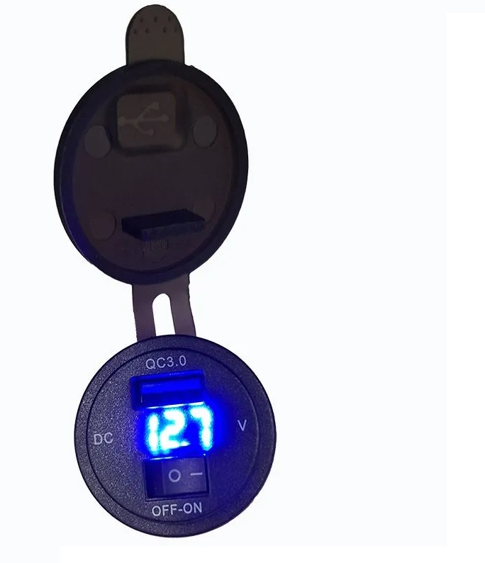 Зарядное устройство врезное 18W 1USB QC3.0 с вольтметром и кнопкой, синяя подсветка, круглое